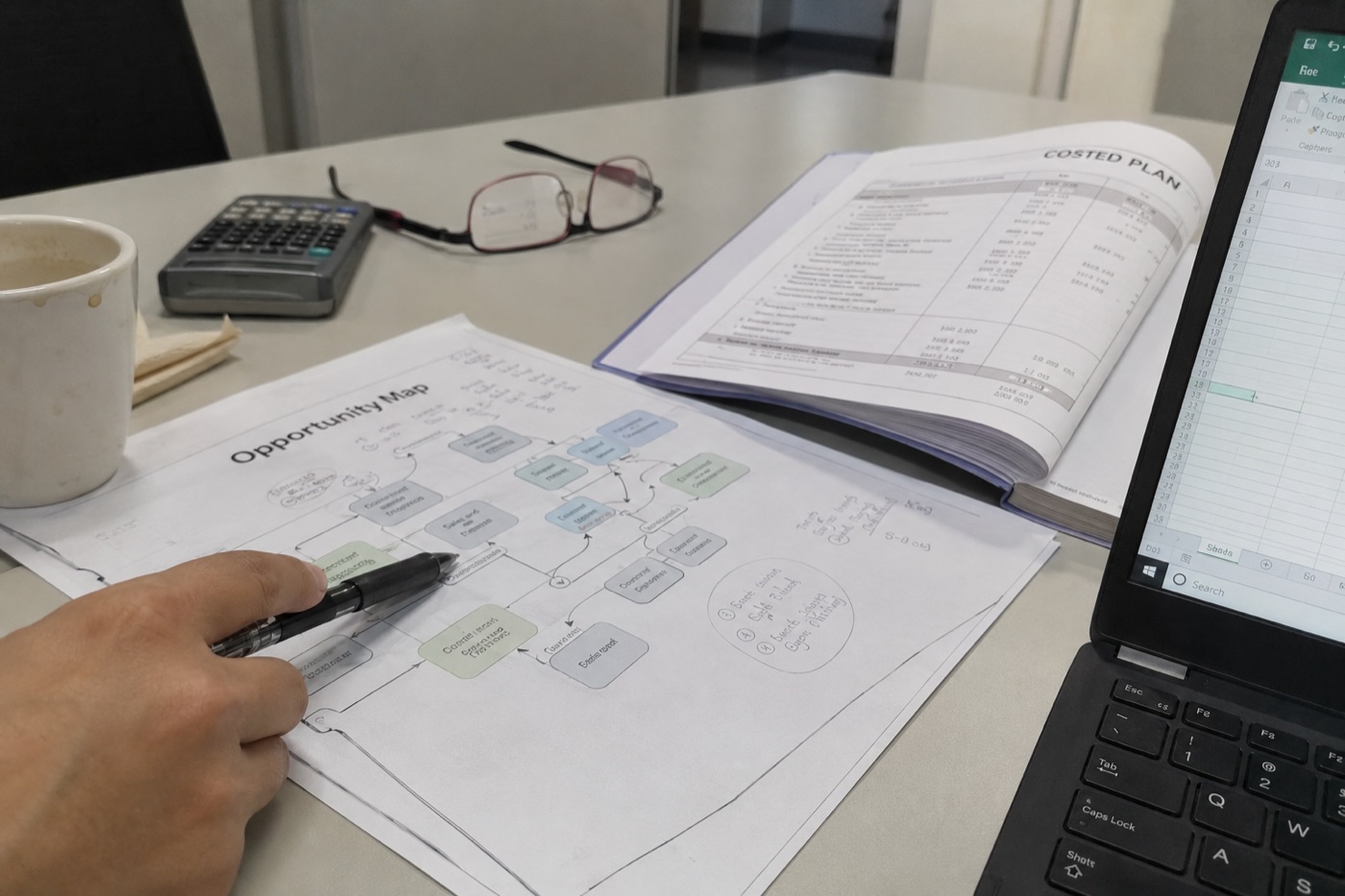 Assessment deliverables on a desk: printed opportunity map and costed plan, marked up by hand