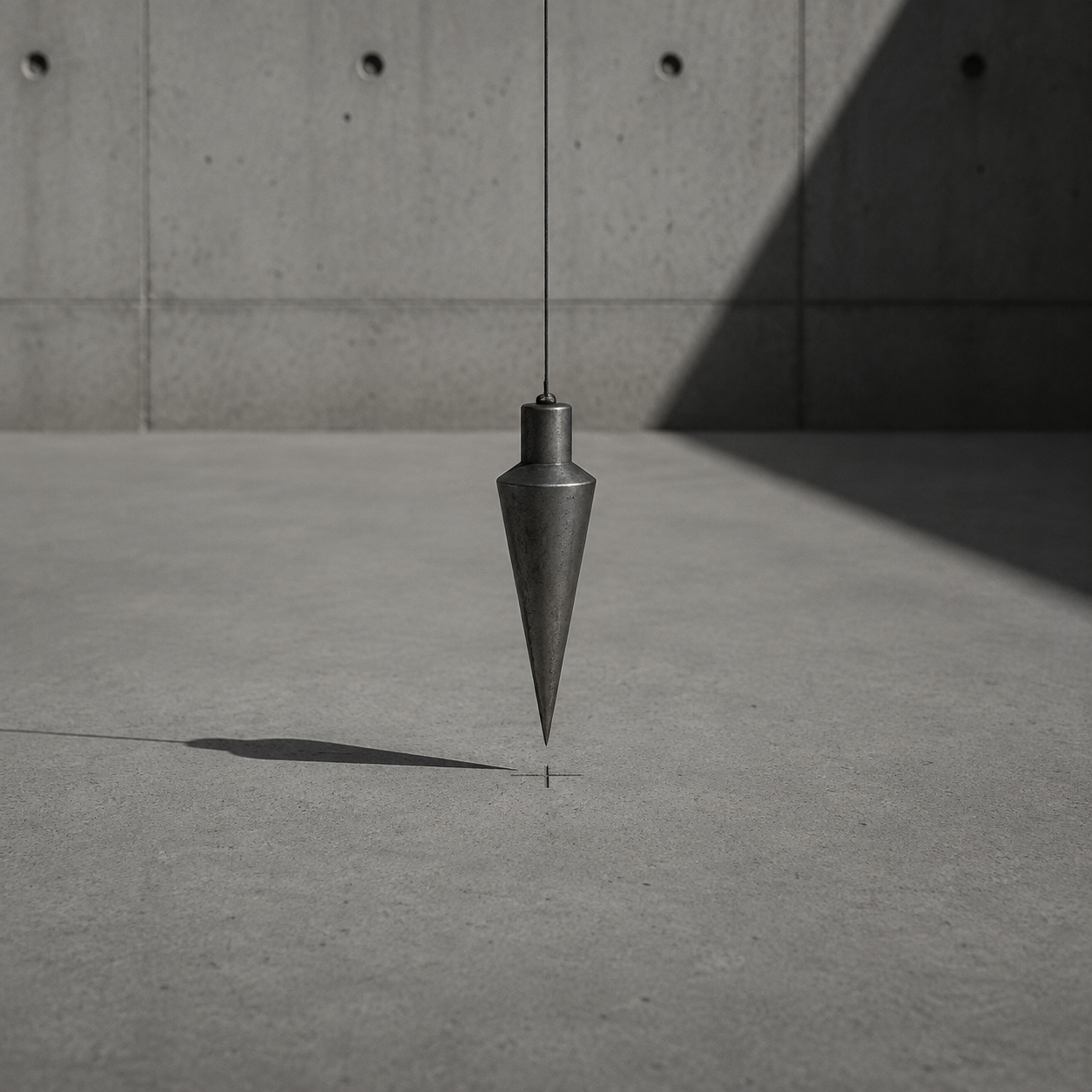 A plumb bob hanging still over its mark on concrete.
