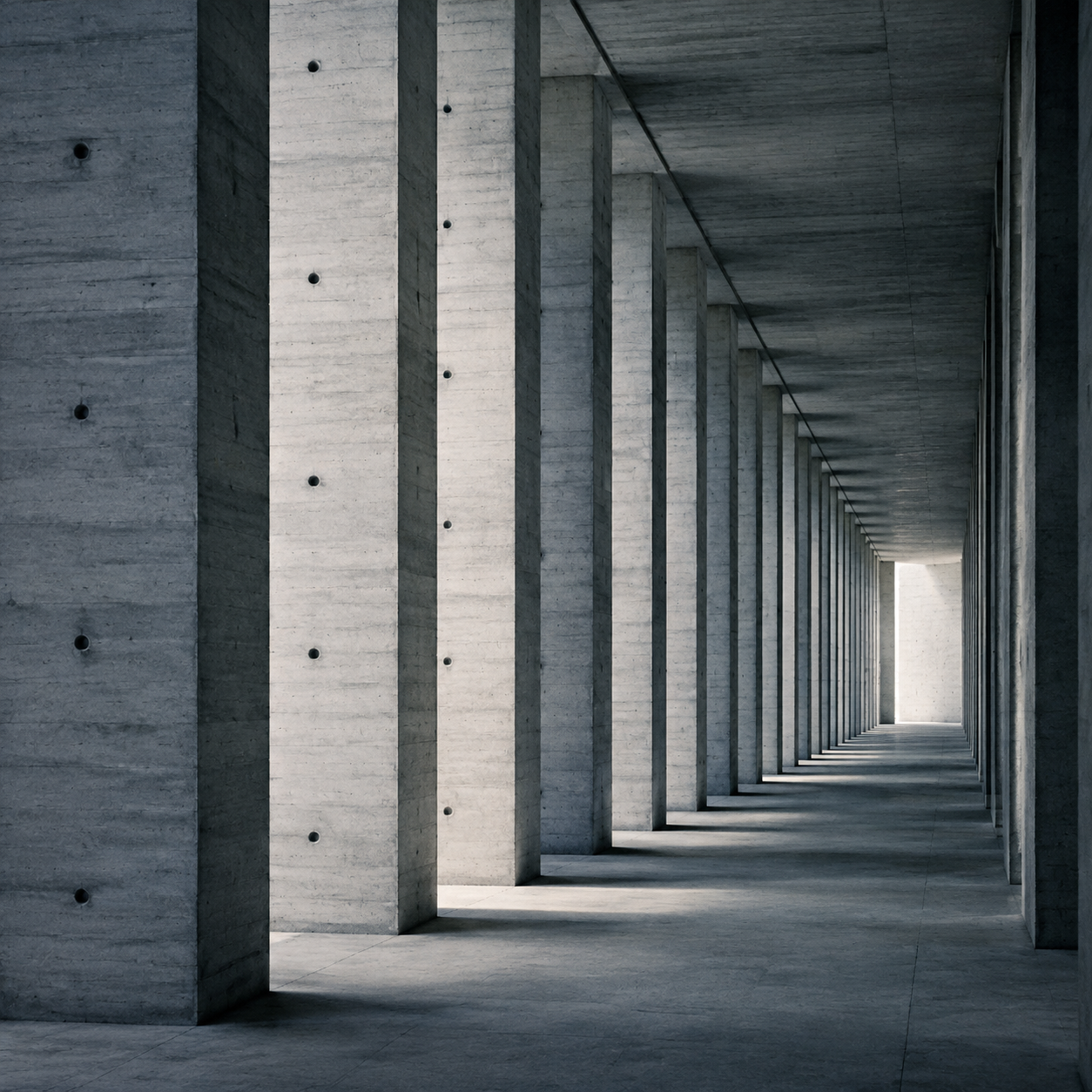 A row of concrete columns receding in perspective, light falling through the bays.