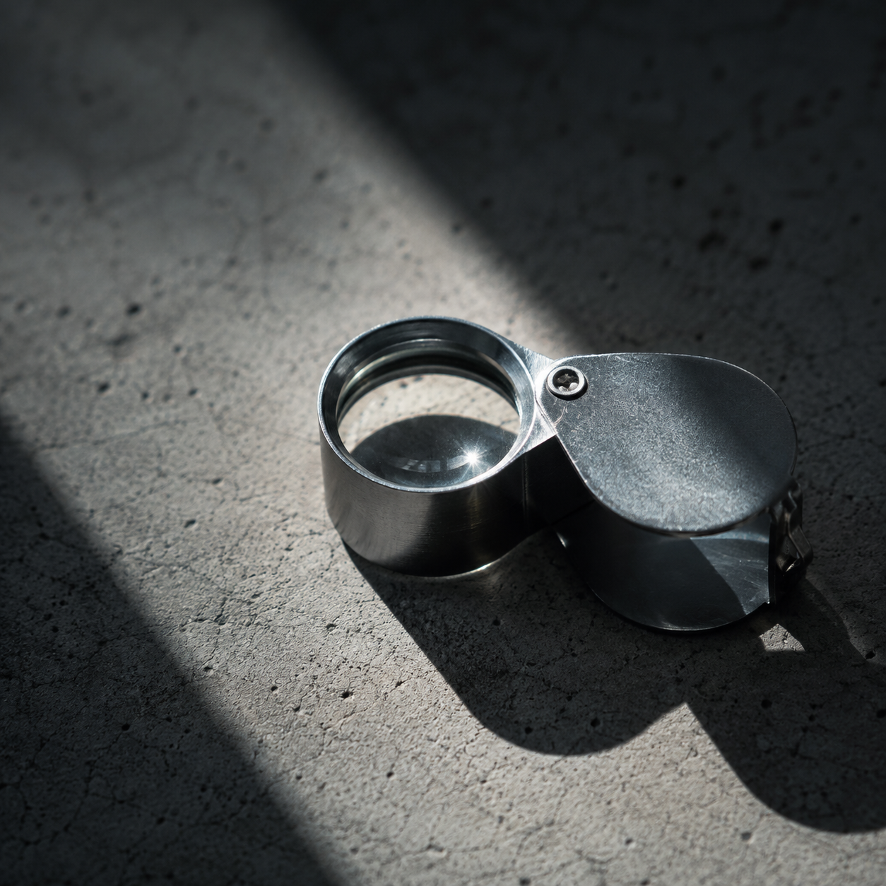 A steel magnifying loupe on a concrete surface, inspecting detail.