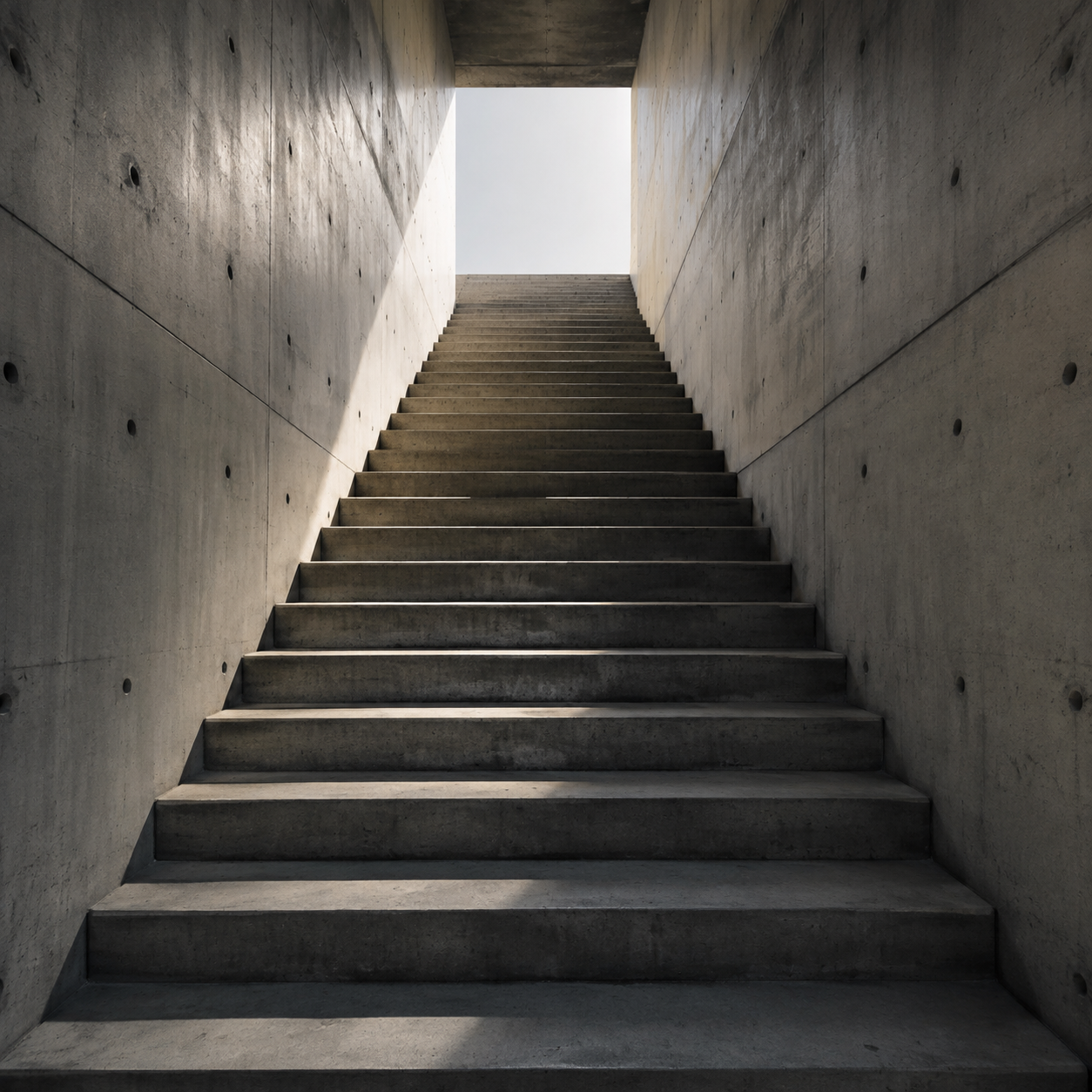 A concrete staircase ascending toward daylight, continuous improvement.