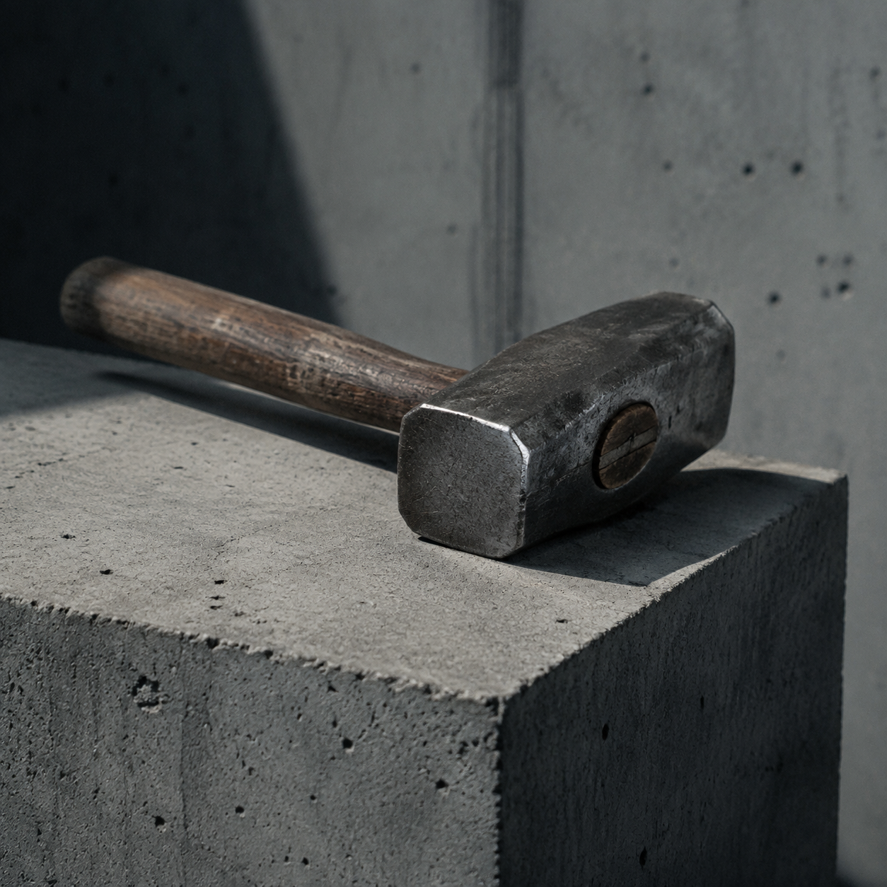 A heavy steel hammer resting on concrete, work getting done.