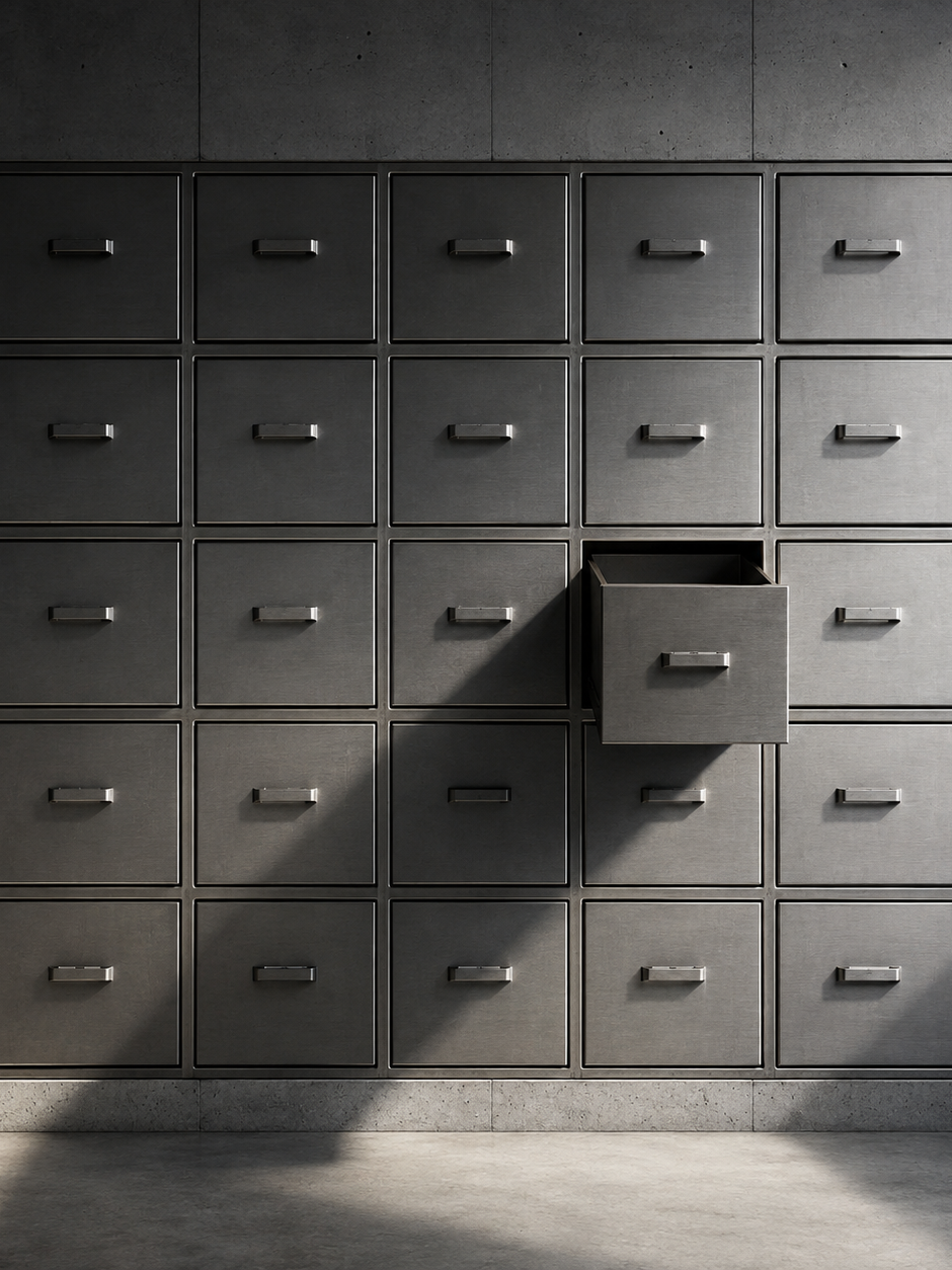 A wall of plain file drawers set into concrete.
