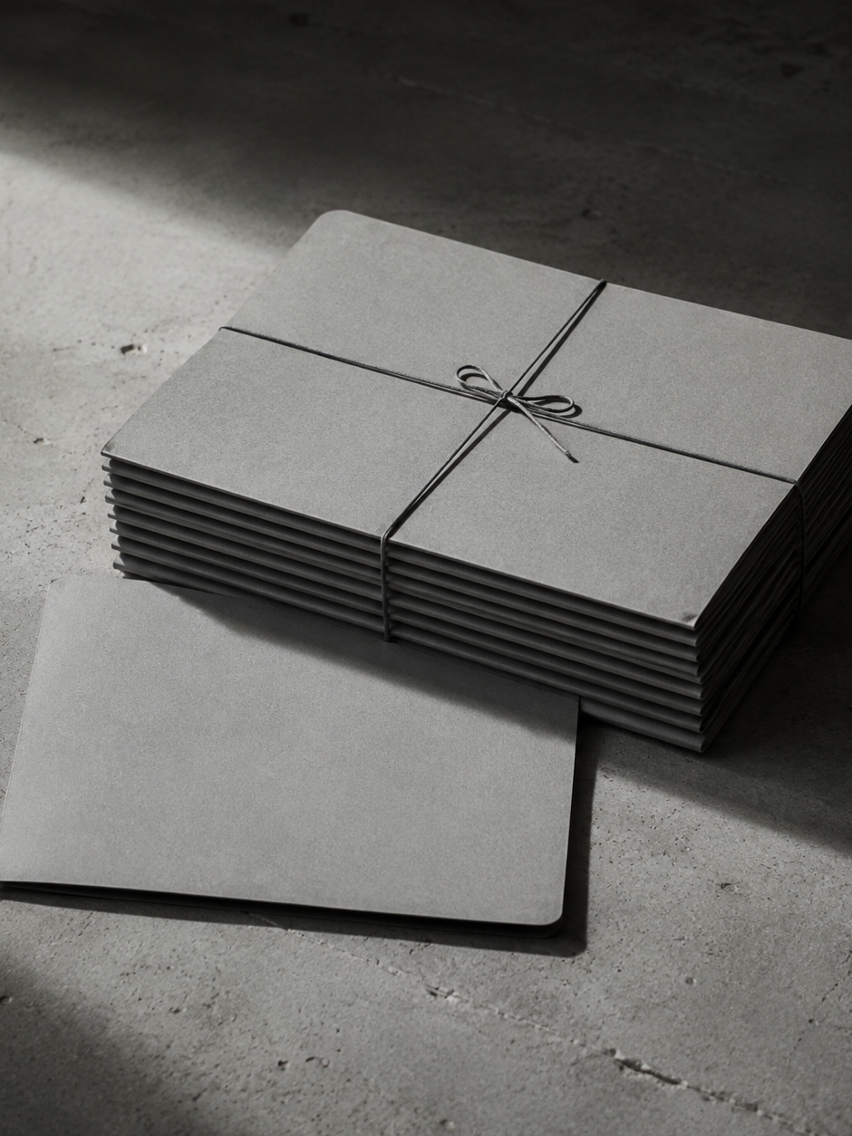 A tidy stack of grey folders tied with cord on concrete.