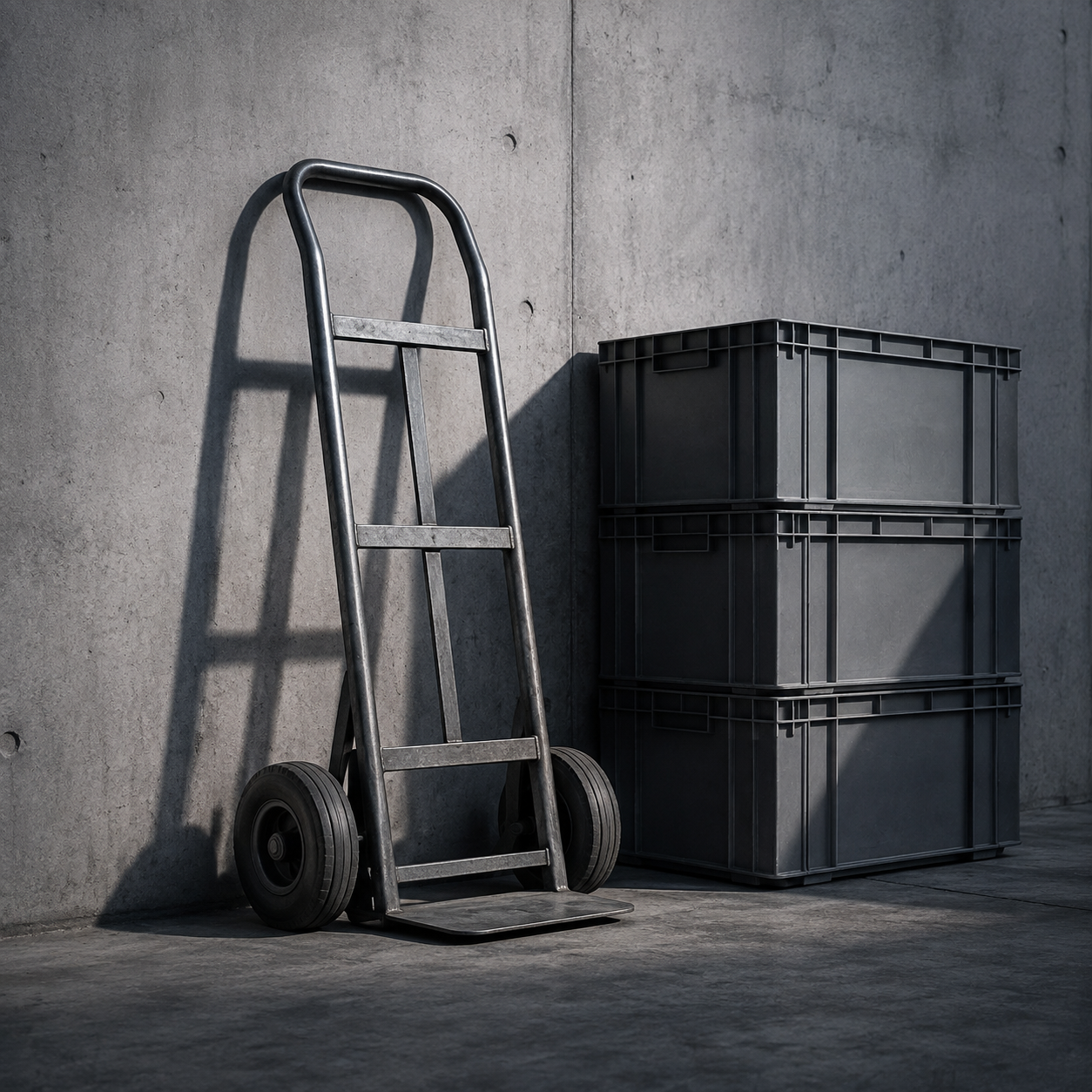 A steel delivery hand truck with stacked crates against a concrete wall.