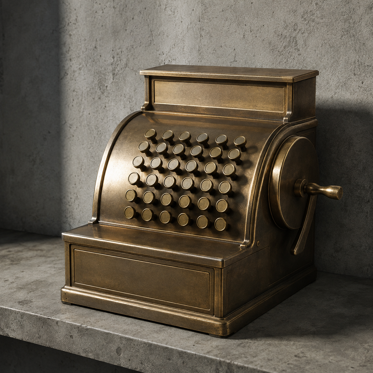 A vintage brass cash register on a concrete counter.
