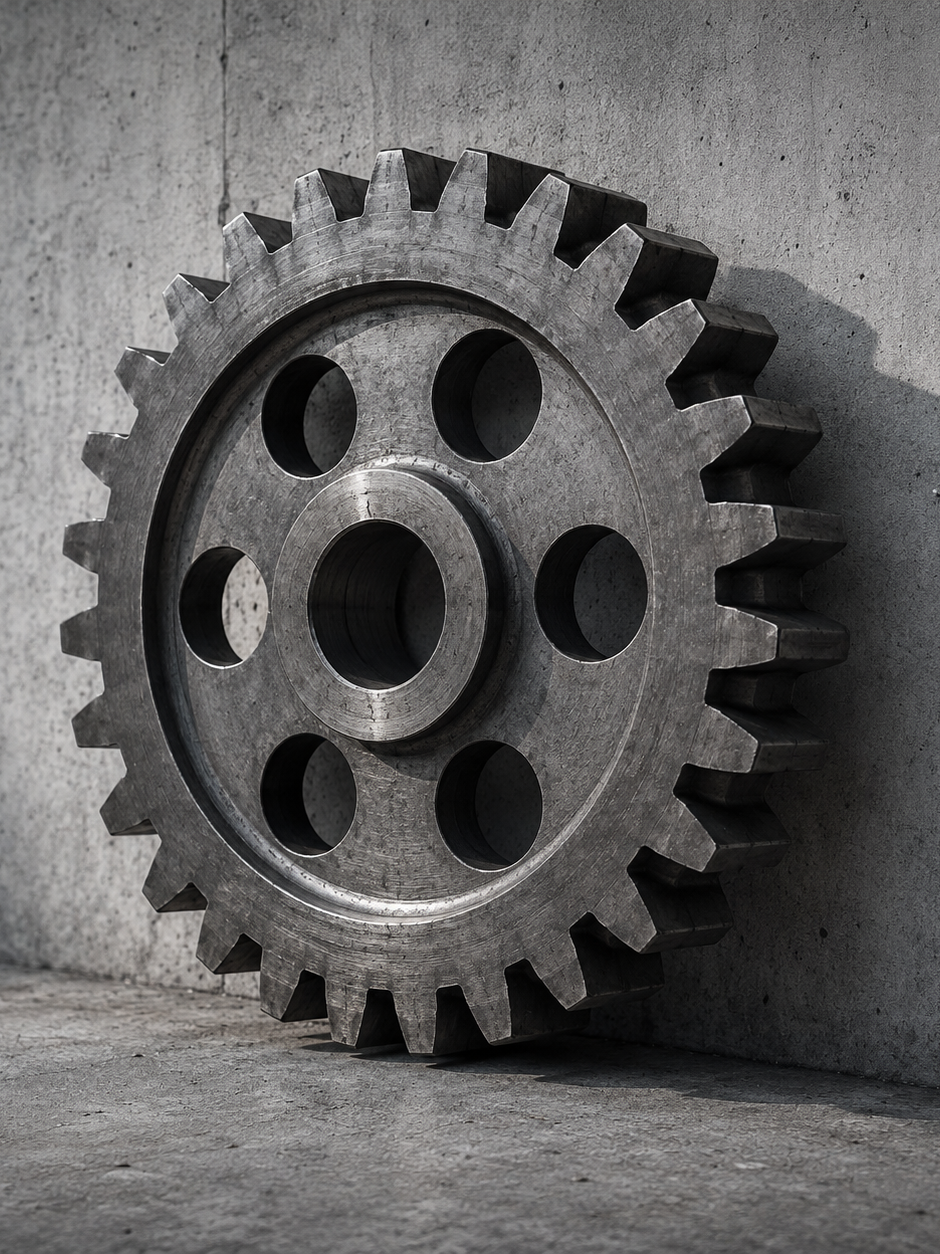 A large steel gear leaning against a concrete wall.