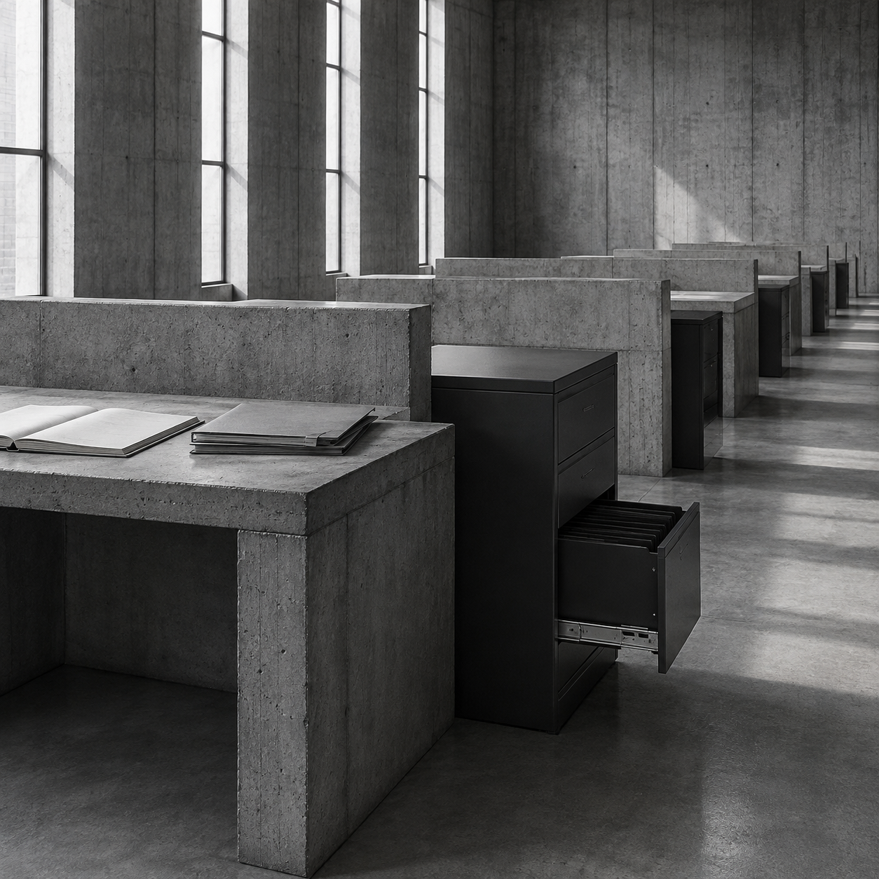 A row of concrete desks, a filing drawer left open.