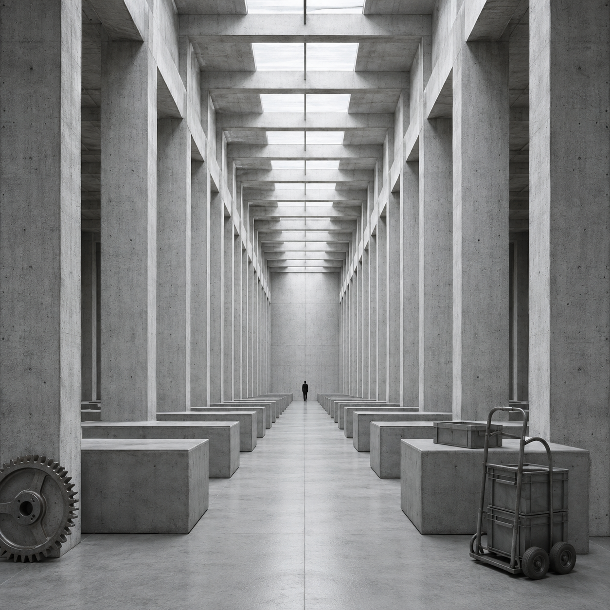 A vast hall of desks with a hand truck delivering crates.