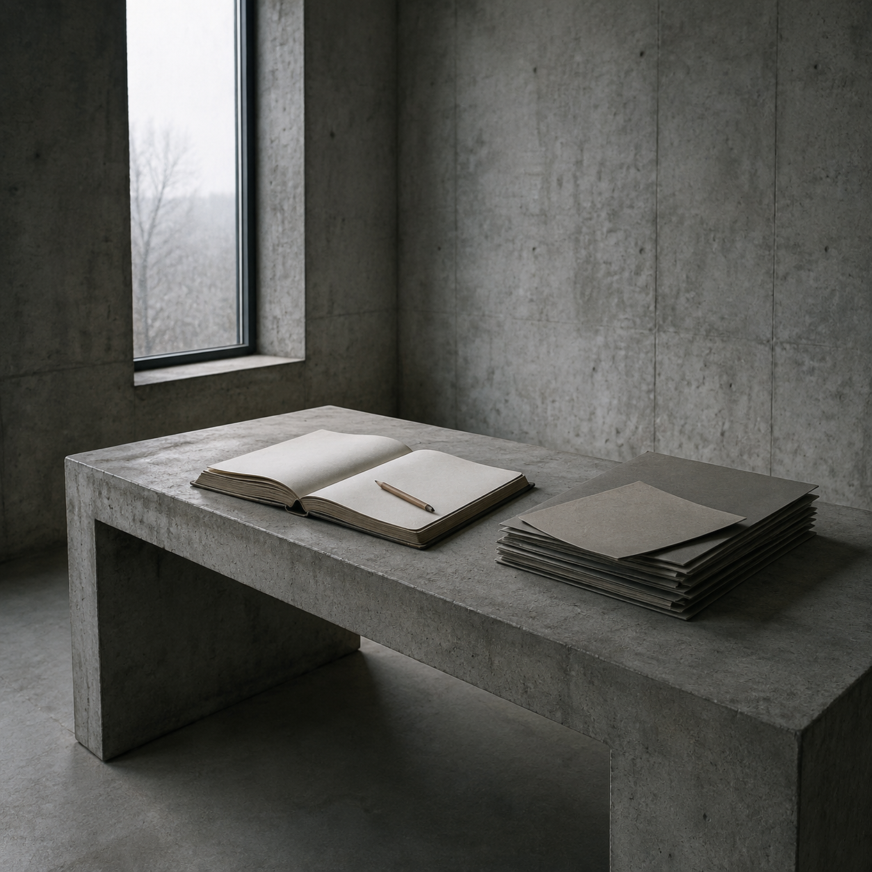 A concrete desk in use, with an open ledger and folders.